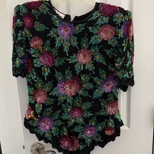 Laurence Kazar Black Sequin Floral Short Sleeve Top